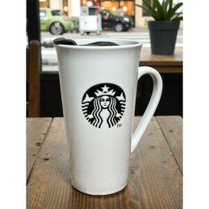 Starbucks 16oz White Ceramic Travel Mug With Black Lid